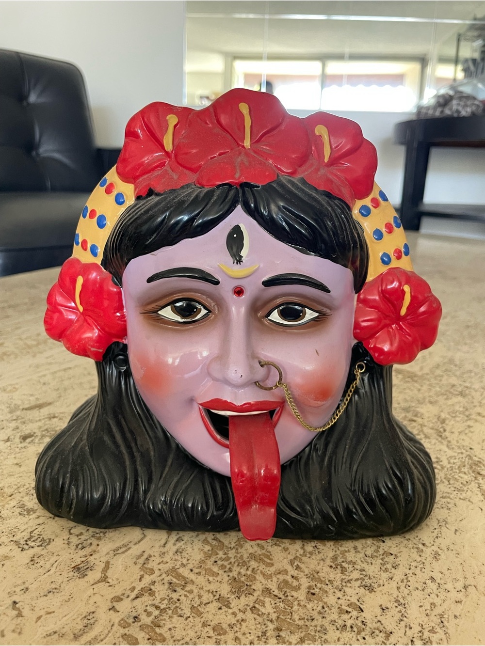 Vintage 1999 Handpainted Kali Goddess Head Bold Red Tongue on a Spring
